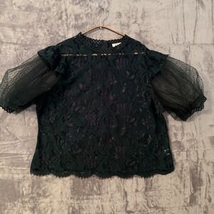 Peach Top Womens Size 3X Green Sheer Lace Puff Sleeve Elegant Event Holiday